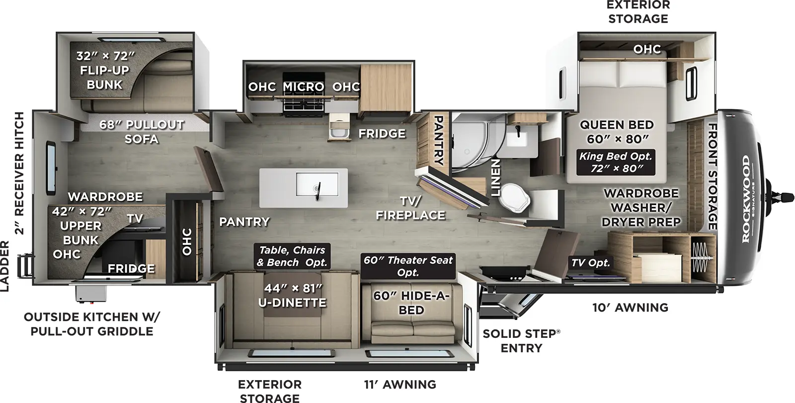 The Rockwood Signature Travel Trailers 8336BH floorplan has one entry and four slide outs. Exterior features include: fiberglass exterior, 11' & 10' awning and outside kitchen. Interiors features include: bunk beds, kitchen island, u-dinette, front bedroom and pass through bathroom.